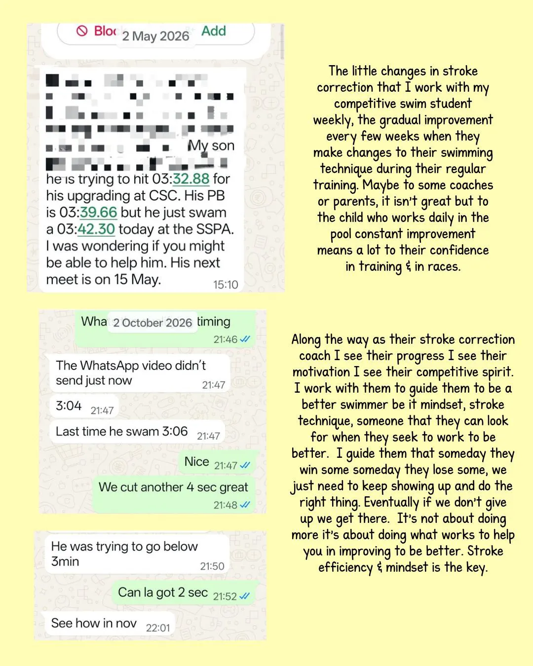 WhatsApp messages: parent asks for help hitting 3:35.88 upgrading time; months later swimmer clocks 3:07